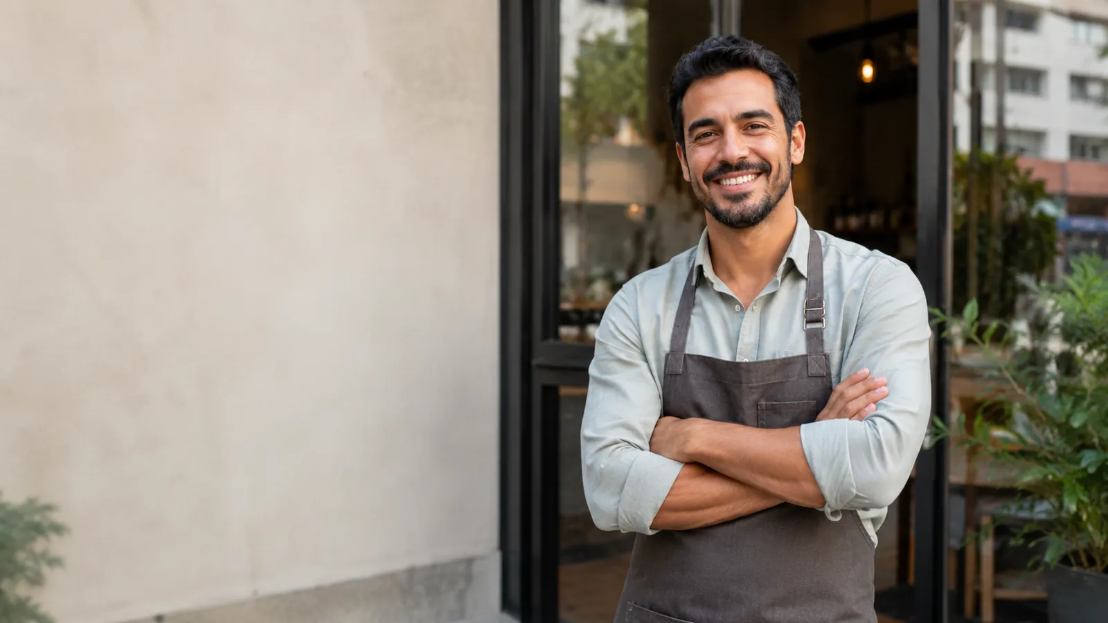 Dono de pequeno negócio sorrindo na porta do seu estabelecimento